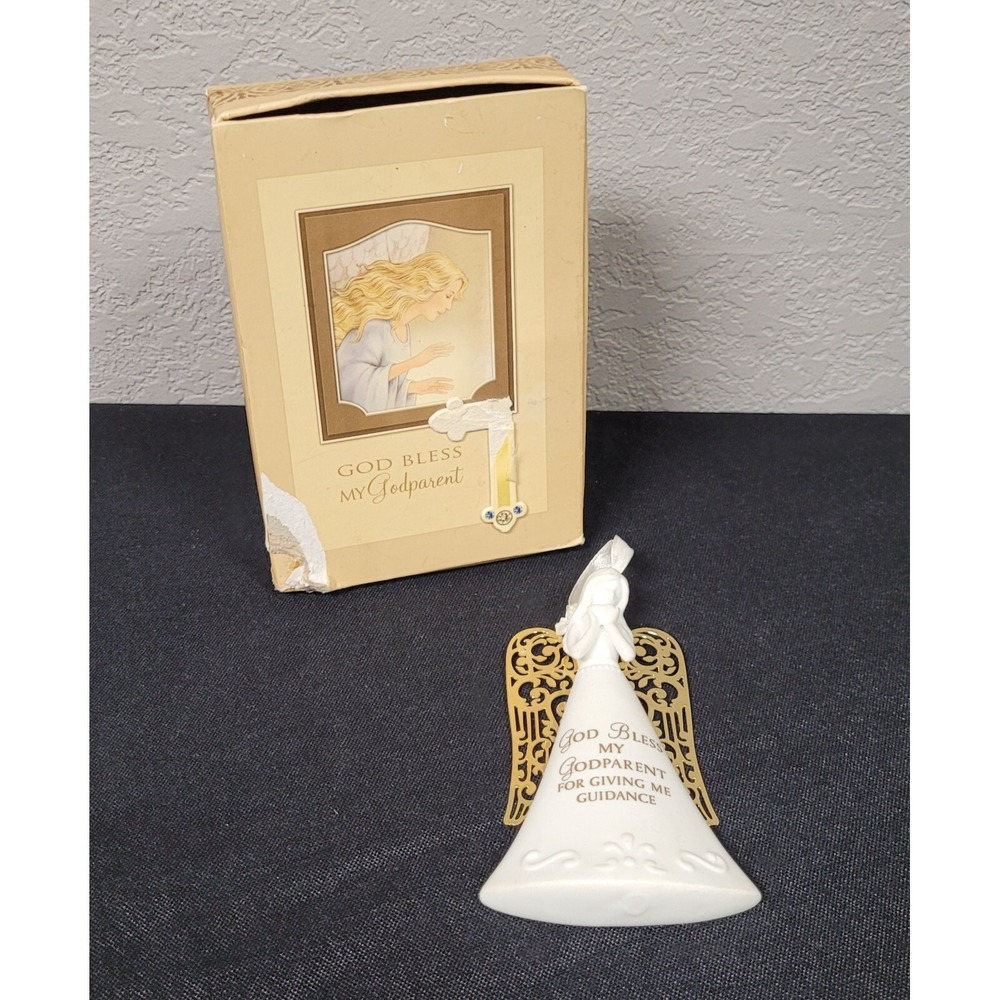 Grasslands Road Godparent Blessing Angel Ornament White Bisque with Gold Wings